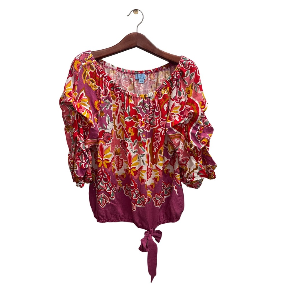 CeCe Floral Tie Hem Blouse Womens XL Bubble Sleeve Resort Cruise Beachcore